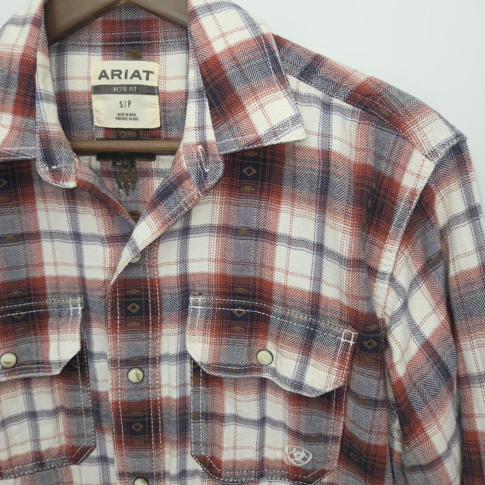 Ariat Mens Hayne Retro Pearl Snap Shirt Long Sleeve Flannel Plaid Navajo Small